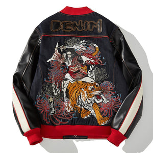 Open image in slideshow, Mens Tiger Embroidered Jackets Japanese Sukajan Souvenir Flight Jacket Bomber Coat Chic Outwear Leather Slim Fit New 2021
