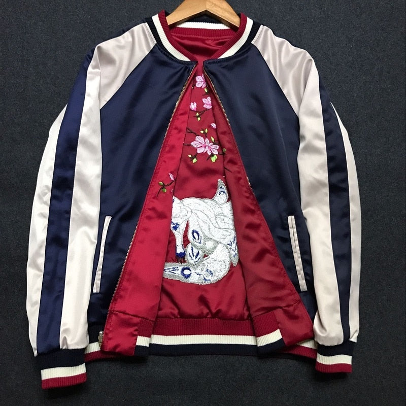 Japanese Fox Floral Embroidered Sukajan Souvenir Flight Jacket