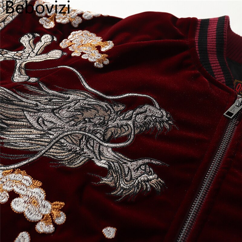 Japanese Style Men Dragon Phoenix Embroidery Hip Hop Bomber Jacket Streetwear Baseball Coat