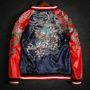 Yokosuka Dragon Embroidered Reversible double-sided Jackets Coats Streetwear Japan Style Sakura Cloud Pockets Long Sleeve