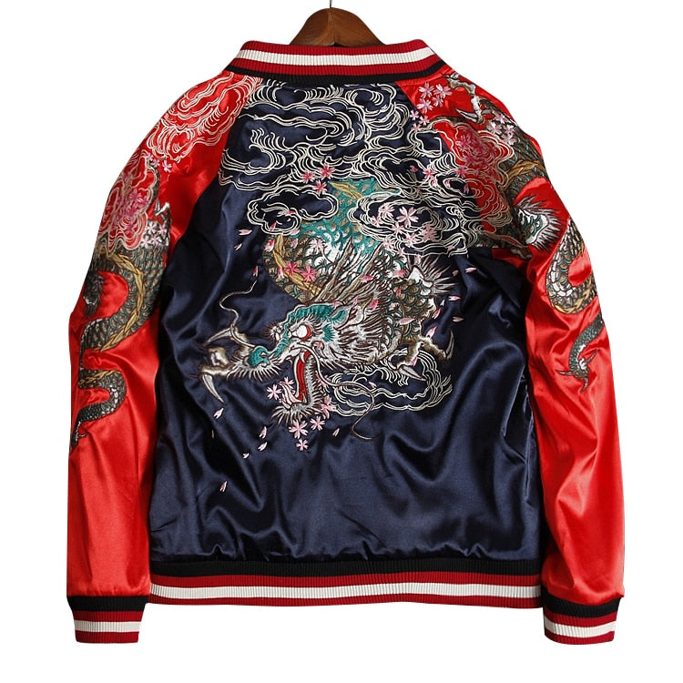 Yokosuka Dragon Embroidered Reversible double-sided Jackets Coats Streetwear Japan Style Sakura Cloud Pockets Long Sleeve