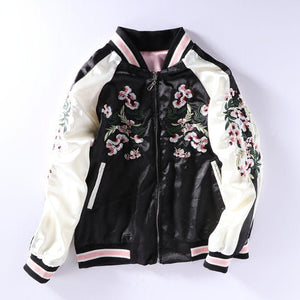 Double Side Pink Sakura Embroidery Satin Cardigan Coat