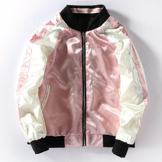 Double Side Pink Sakura Embroidery Satin Cardigan Coat