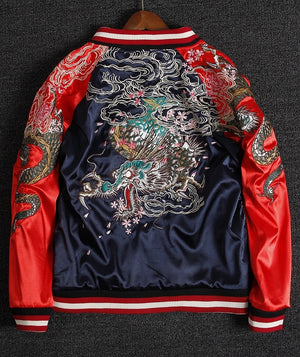 Open image in slideshow, Yokosuka Dragon Embroidered Reversible double-sided Jackets Coats Streetwear Japan Style Sakura Cloud Pockets Long Sleeve
