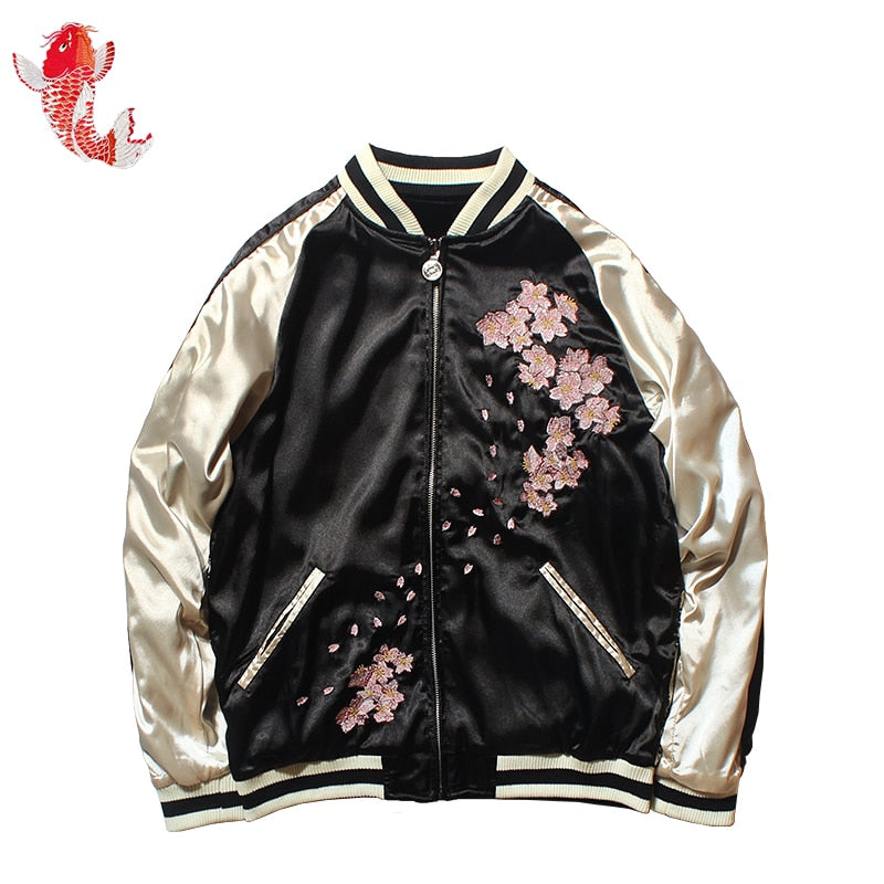 Women's Cherry Dragon Embroidered Both Sides Wear Bomber Jacket