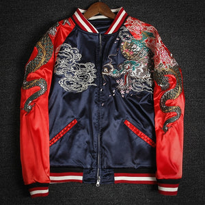 Yokosuka Dragon Embroidered Reversible double-sided Jackets Coats Streetwear Japan Style Sakura Cloud Pockets Long Sleeve