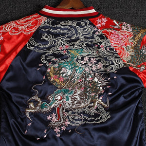 Yokosuka Dragon Embroidered Reversible double-sided Jackets Coats Streetwear Japan Style Sakura Cloud Pockets Long Sleeve