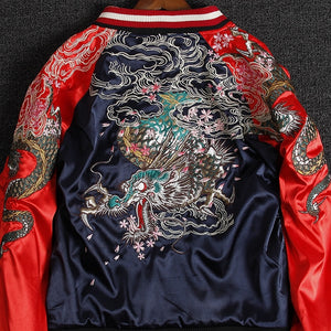 Yokosuka Dragon Embroidered Reversible double-sided Jackets Coats Streetwear Japan Style Sakura Cloud Pockets Long Sleeve